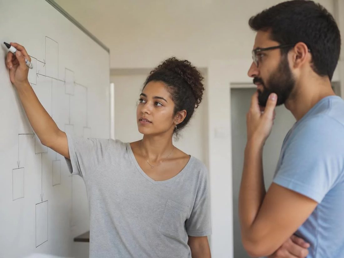 Dois alunos em pé diante do quadro branco, desenhando a ordem de um argumento