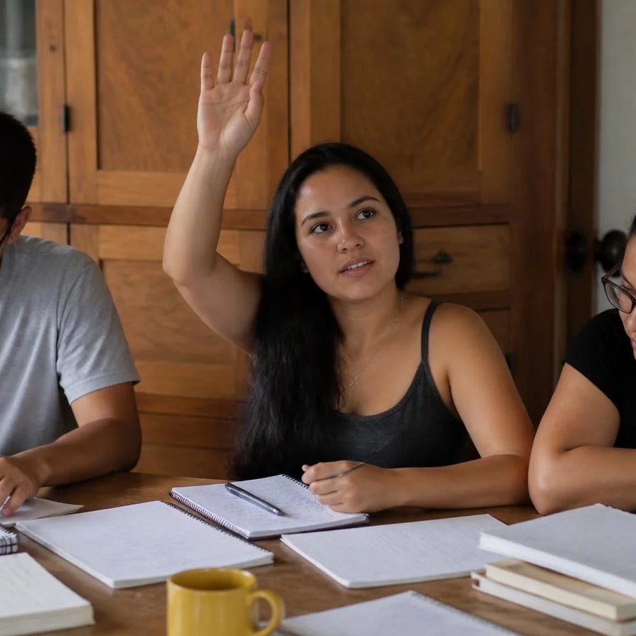 Roda de participantes; um deles repete em voz alta o argumento do colega antes de dar a resposta